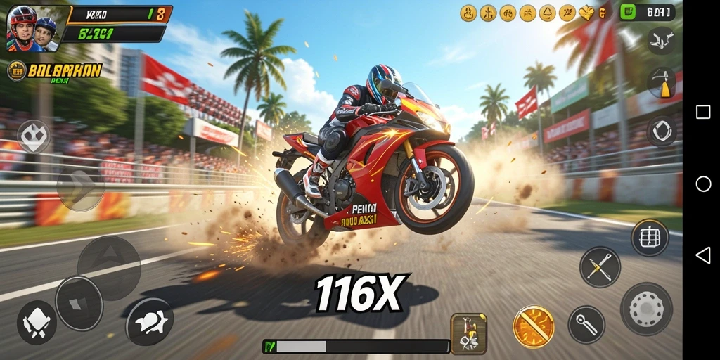 Screenshot gameplay 116X menampilkan balapan motor yang menegangkan.