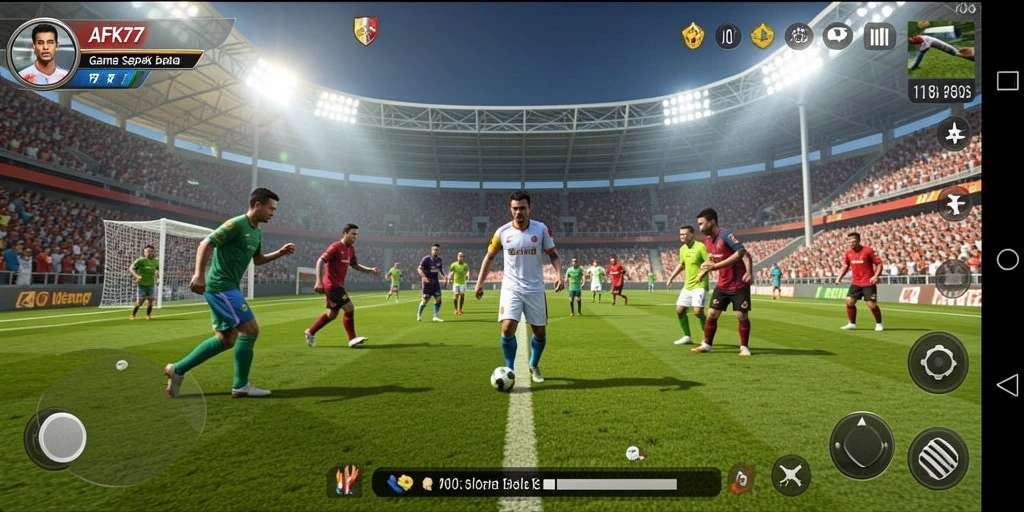 Screenshot gameplay AFK77 menampilkan aksi seru dalam pertandingan sepak bola.