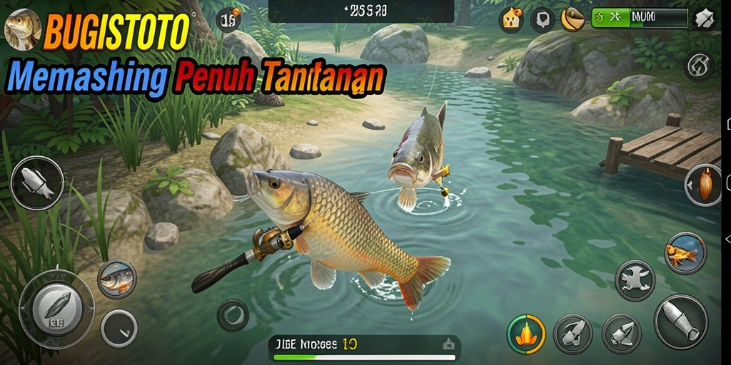 Tampilan gameplay BUGISTOTO dengan suasana memancing yang menenangkan.