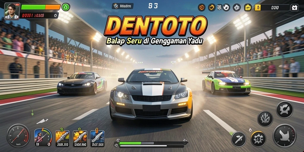 Tampilan gameplay DENTOTO dengan mobil balap dan lintasan menantang.