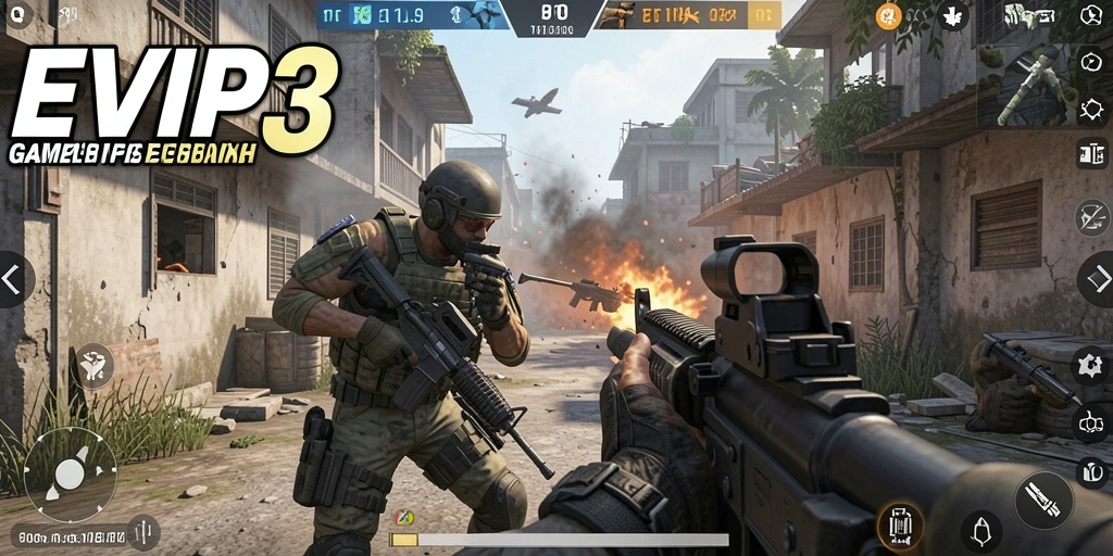 Screenshot gameplay EVIP3, menampilkan aksi seru dalam pertempuran FPS.