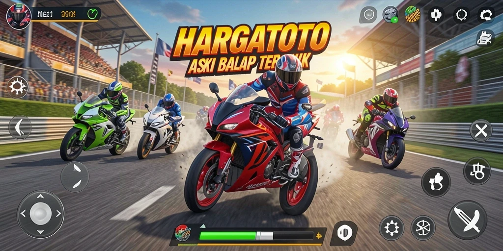 Screenshot gameplay HARGATOTO menampilkan aksi balap motor yang intens.