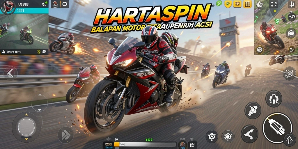 Screenshot HARTASPIN menampilkan aksi balapan motor yang mendebarkan.