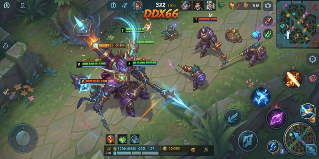 Tampilan gameplay seru dalam pertempuran MOBA di IDX66.