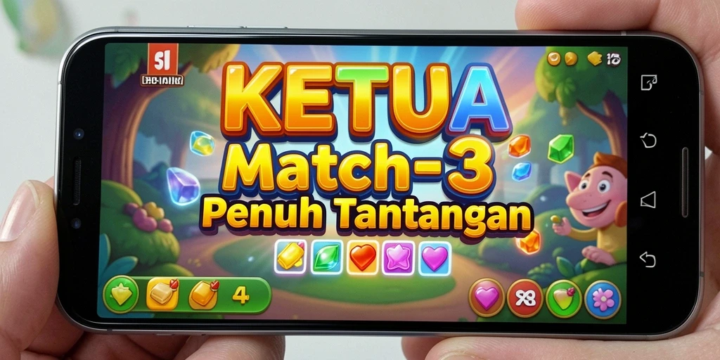 Tangkapan layar KETUA menunjukkan gameplay seru Match-3 yang penuh warna.