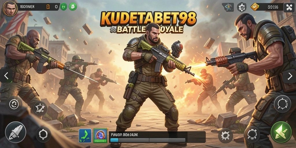 Screenshot utama KUDETABET98 menampilkan aksi pertempuran intens Battle Royale.