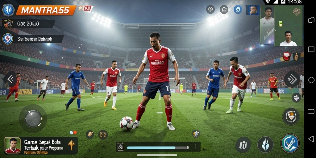 Tampilan gameplay aktif dari MANTRA55 dengan aksi sepak bola yang mendebarkan.
