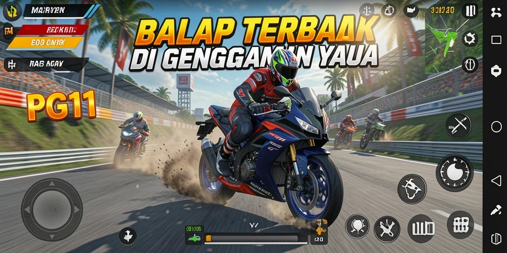Gameplay seru PG11 dengan balapan motor yang intens.