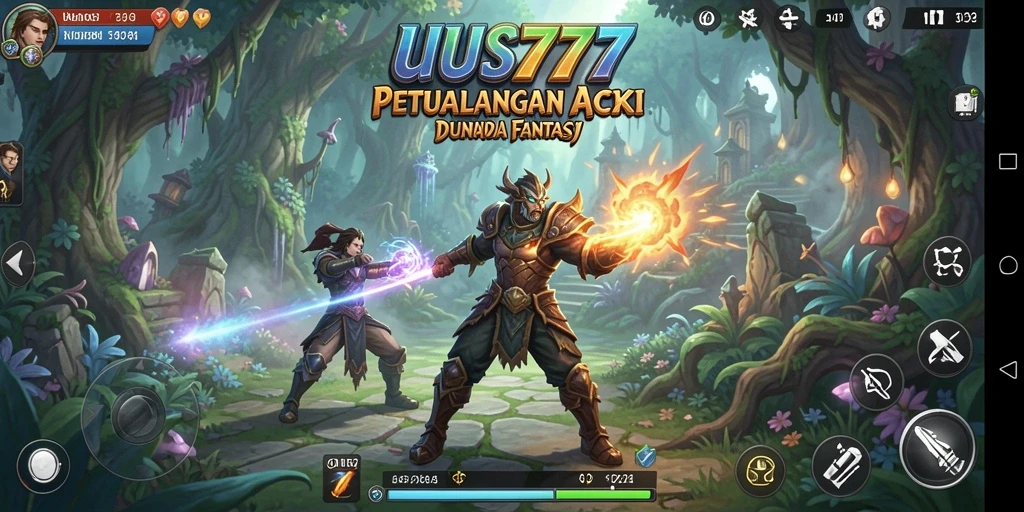 Tangkapan layar utama UUS777 menampilkan karakter dalam pertempuran dramatis.