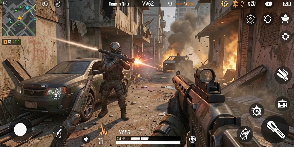 Tangkapan layar gameplay <strong>VV62</strong> yang menampilkan aksi tembak-menembak seru di peta baru.